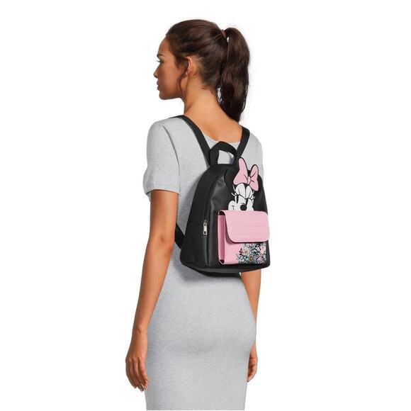 Bioworld Disney Minnie Mouse Black & Pink Graphic Mini Backpack, NWT Bow Floral - Picture 3 of 5